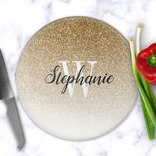 Chic Gold Glitter Ombre Monogram Cutting Board (Creator Uploaded)
