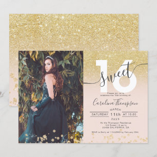 Chic gold glitter ombre photo blush Sweet 16 Invitation