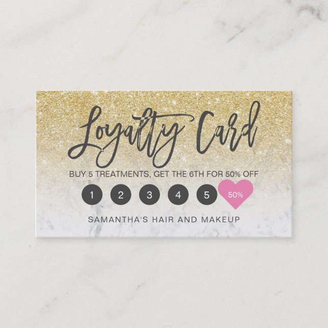 Chic gold glitter ombre script makeup marble loyalty card (Front)
