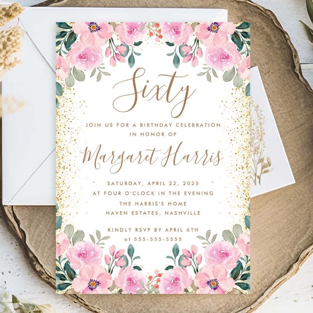 Chic Gold Glitter Pink Floral 60th Sixty Birthday Invitation (Creator Uploaded)