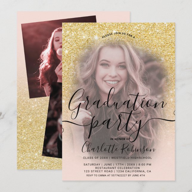 Chic gold glitter pink ombre 3 photos graduation invitation (Front/Back)