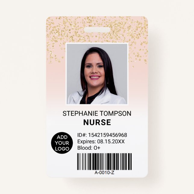 Chic gold glitter pink ombre nurse photo logo code ID badge (Front)