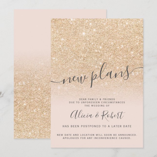 Chic gold glitter pink postponed new plans invitation (Front/Back)
