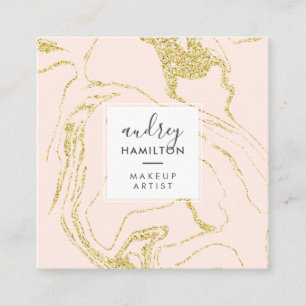 Chic gold glitter pink white marble elegant makeup square business card