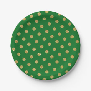 Chic Gold Glitter Polka Dot Green Paper Plate
