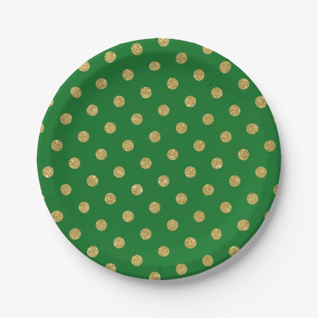 Chic Gold Glitter Polka Dot Green Paper Plate (Front)