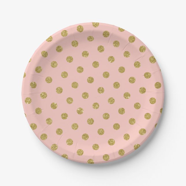 Chic Gold Glitter Polka Dot Pink Blush Paper Plate (Front)