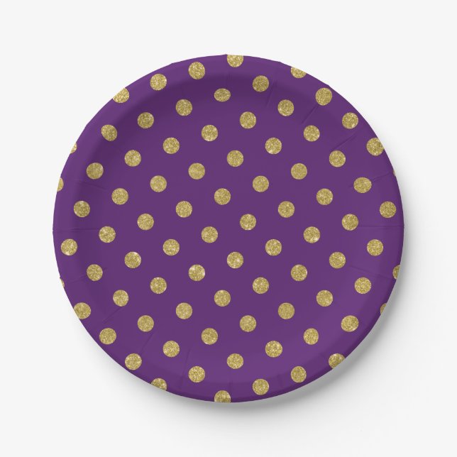 Chic Gold Glitter Polka Dot Purple Violet Paper Plate (Front)