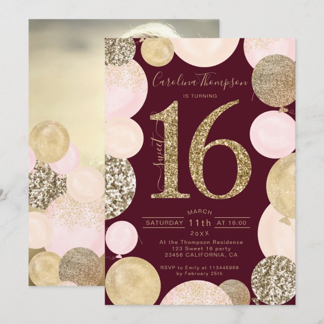 Chic gold glitter red balloon Sweet 16 photo Invitation (Front/Back)