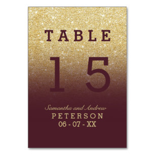 Chic gold glitter red burgundy ombre wedding table number