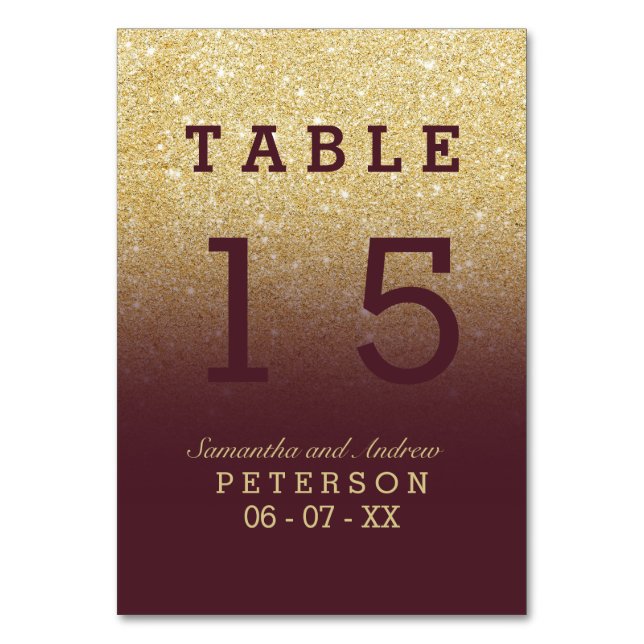 Chic gold glitter red burgundy ombre wedding table table number (Front)