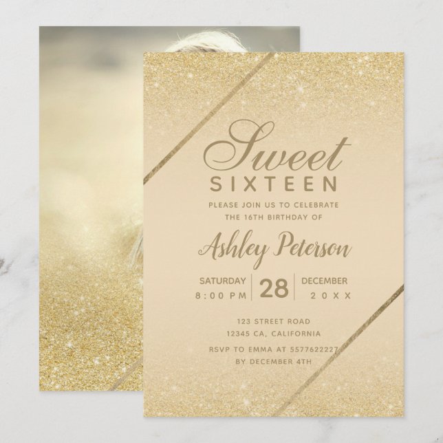 Chic gold glitter script ivory photo Sweet 16 Invitation (Front/Back)
