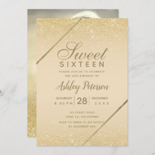Chic gold glitter script ivory photo Sweet 16 Invitation