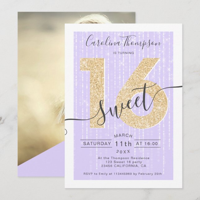 Chic gold glitter script lavender Sweet 16 photo Invitation (Front/Back)