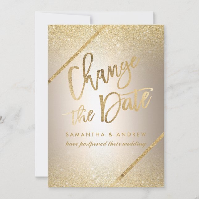 Chic gold glitter script metallic change the date save the date (Front)