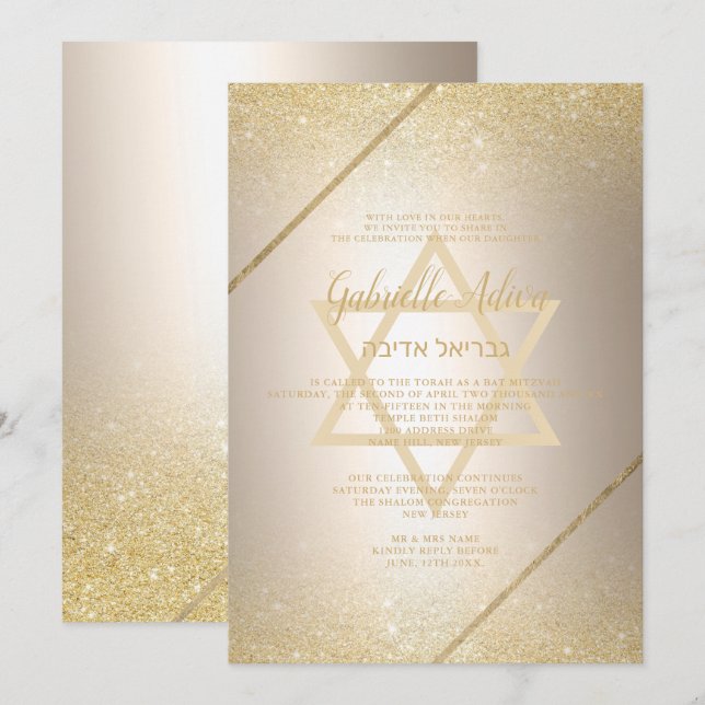 Chic gold glitter script metallic foil Bat Mitzvah Invitation (Front/Back)