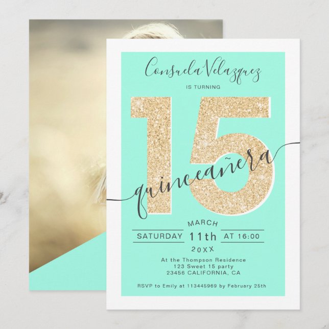 Chic gold glitter script mint quinceanera photo invitation (Front/Back)