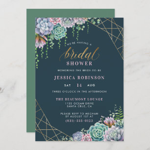 Chic Gold Glitter Script Succulents Bridal Shower Invitation