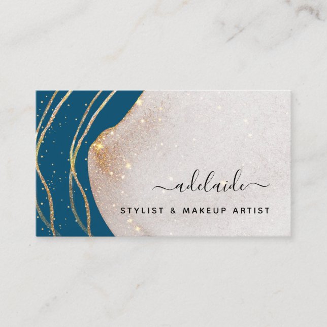 Chic Gold Glitter Signature Blue Agate Script Name Business Card (Front)