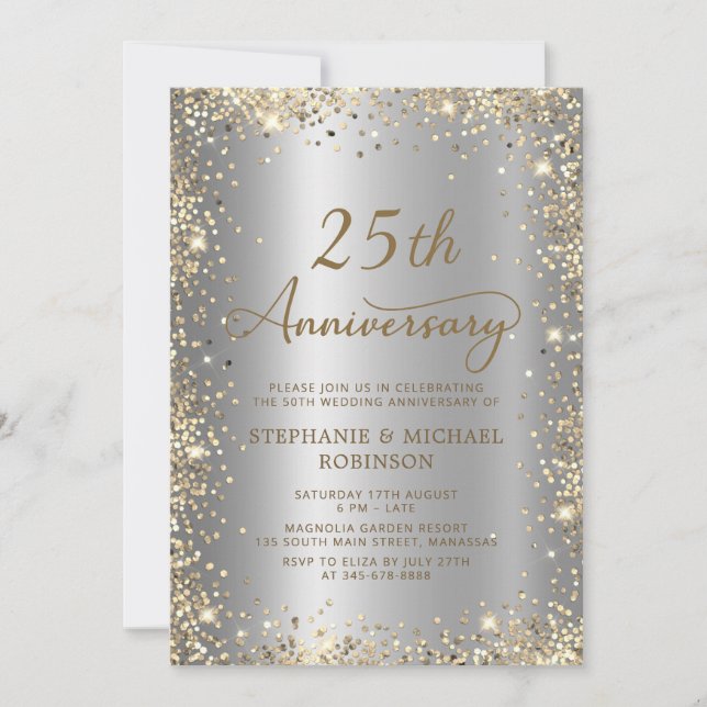 Chic Gold Glitter Silver 25th Wedding Anniversary Invitation (Front)