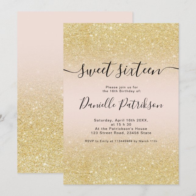 Chic gold glitter sparkles pink ombre sweet 16 invitation (Front/Back)