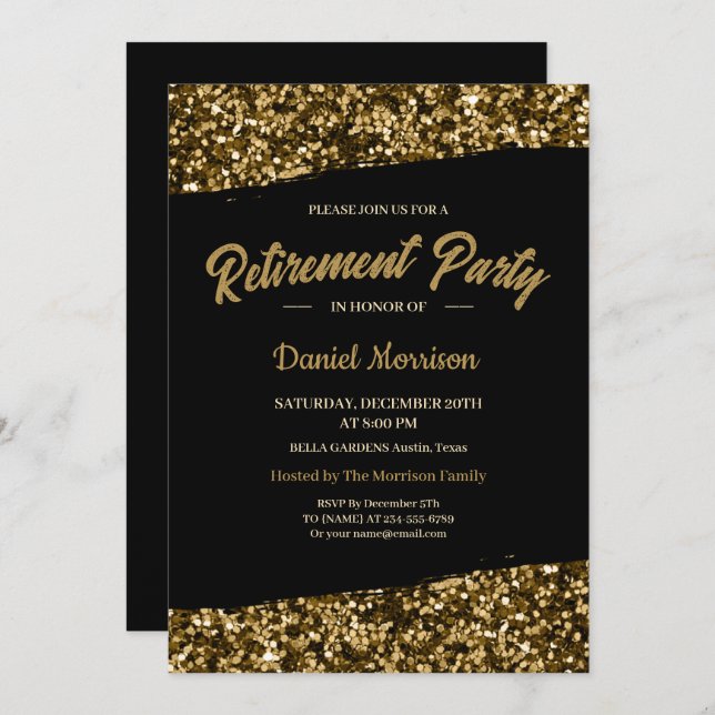 Chic Gold Glitter Sparkles Retirement Party 2024 Invitation (Front/Back)