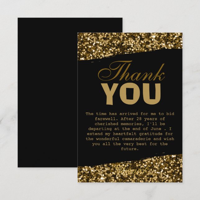 Chic Gold Glitter Sparkles Retirement Party 2025 Thank You Card (Front/Back)