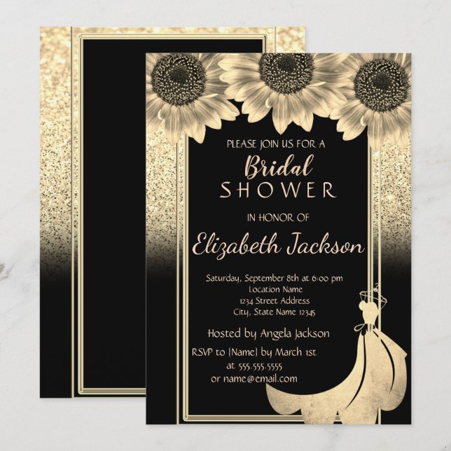 Chic Gold Glitter Sunflowers Dress Bridal Shower Invitation (Front/Back)
