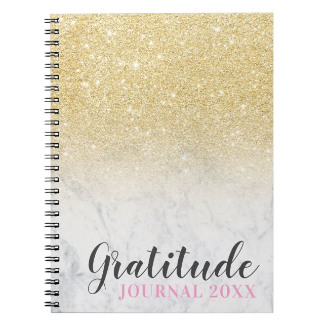 Chic gold glitter white marble gratitude journal (Front)
