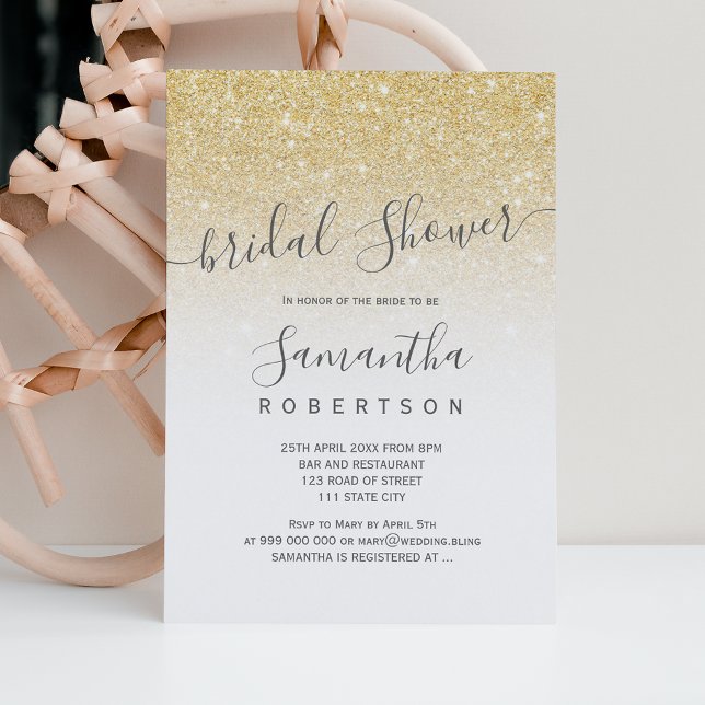 Chic gold glitter white script bridal shower invitation (Creator Uploaded)