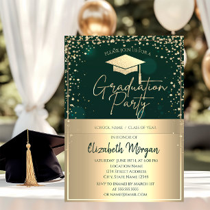 Chic Gold Grad Cap,Diamonds Green Graduation Invitation