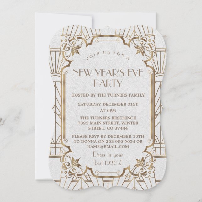 Chic Gold Great Gatsby White 1920s New Year Party Invitation (Front)