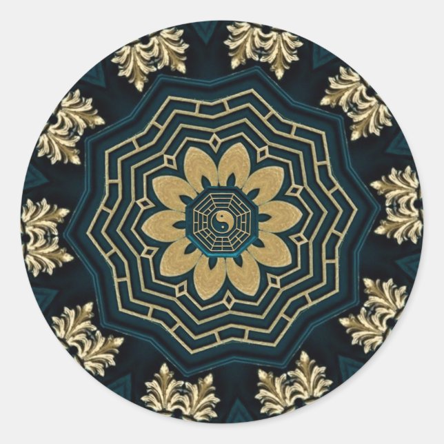 Chic Gold & Green Asian Style Classic Round Sticker (Front)
