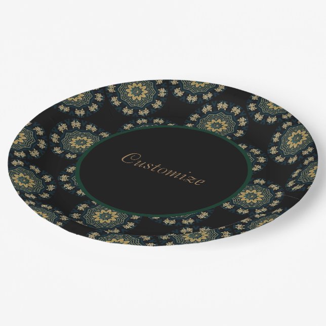 Chic Gold & Green Asian Style Pattern Paper Plate (Angled)