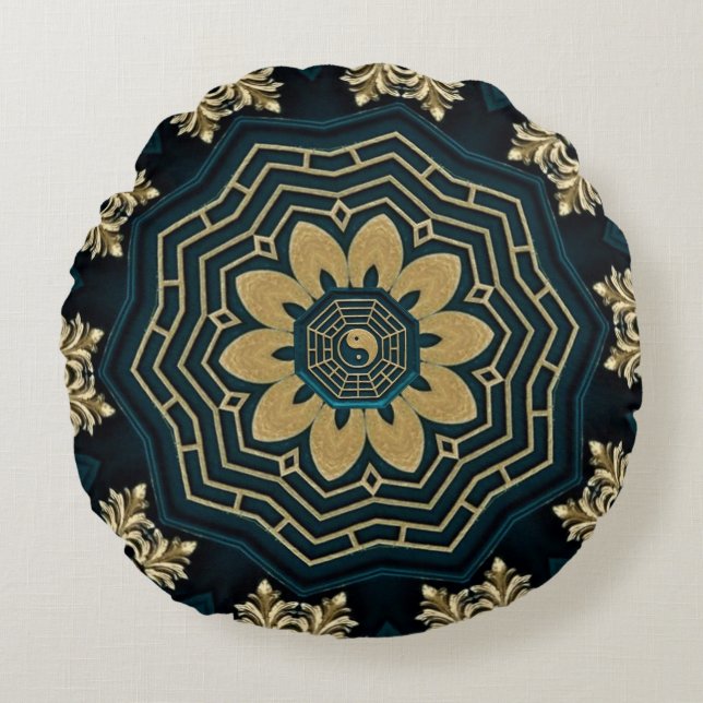 Chic Gold & Green Asian Style Round Cushion (Front)