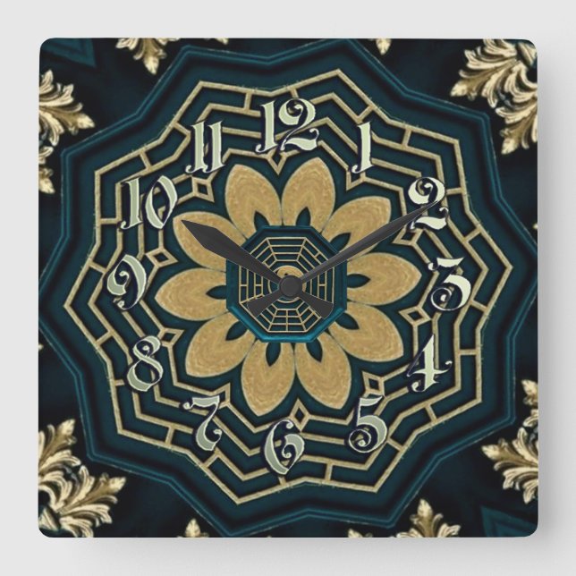 Chic Gold & Green Asian Style Square Wall Clock (Front)