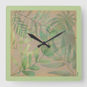 Chic Gold Green Leaf Abstract Gold Pattern Square Wall Clock