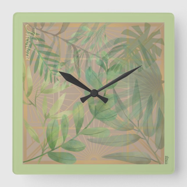 Chic Gold Green Leaf Abstract Gold Pattern Square Wall Clock (Front)