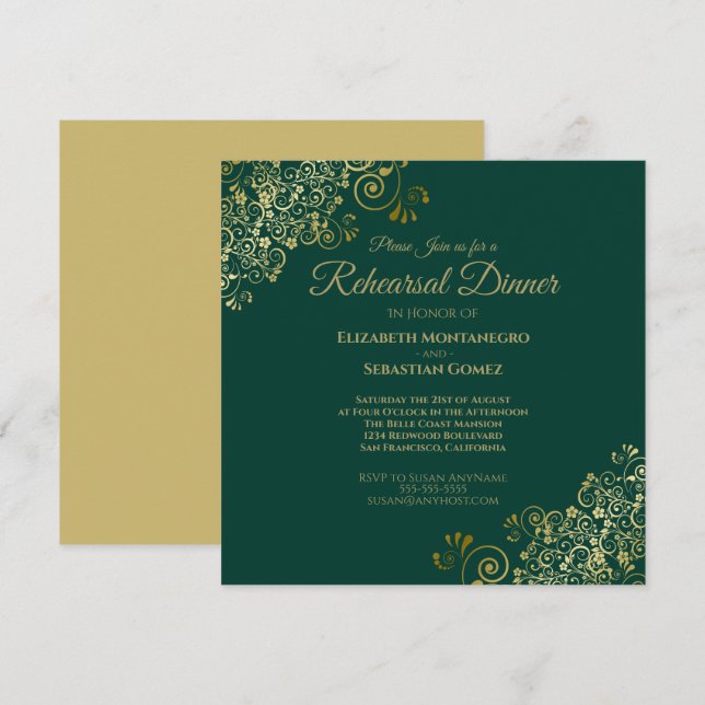 Chic Gold & Green Wedding Rehearsal Dinner Square Invitation (Front/Back)