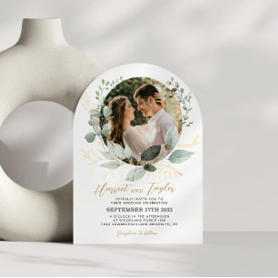 Chic Gold Greenery Eucalyptus Photo Wedding Arch Invitation
