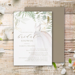 Chic Gold Greenery Wedding Dress Bridal Shower Invitation