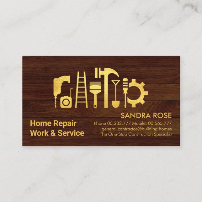 Chic Gold Handyman Tools On Wood Business Card (Front)