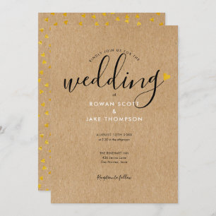 Chic Gold Heart Rustic Kraft Wedding Invitation