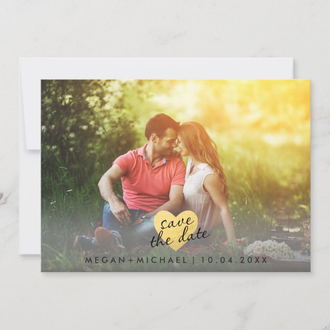 Chic Gold Heart Save the Date Photo Card (Front)