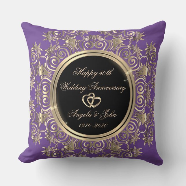 Chic Gold Hearts Swirl 50th Wedding Anniversary Cushion (Front)