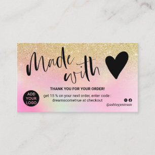 Chic gold holographic thank you made with love business card