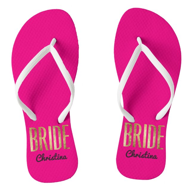 Chic Gold Hot Pink Bride Wedding Bachelorette Flip Flops (Footbed)