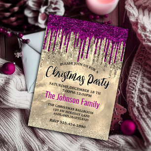 Chic gold hot pink purple glitter drips Christmas Invitation