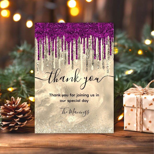 Chic gold hot pink purple glitter drips thank you card (Creator Uploaded)