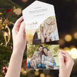 Chic Gold Joyful Script w/Curved Photo  All In One Invitation<br><div class="desc">Chic,  modern holiday design featuring sleek custom "Joyful" script in gold gradient style with unique curved photo template and subtle gold watercolor style winter landscape. Panels feature complementary graphics with additional text fields and photo template.</div>